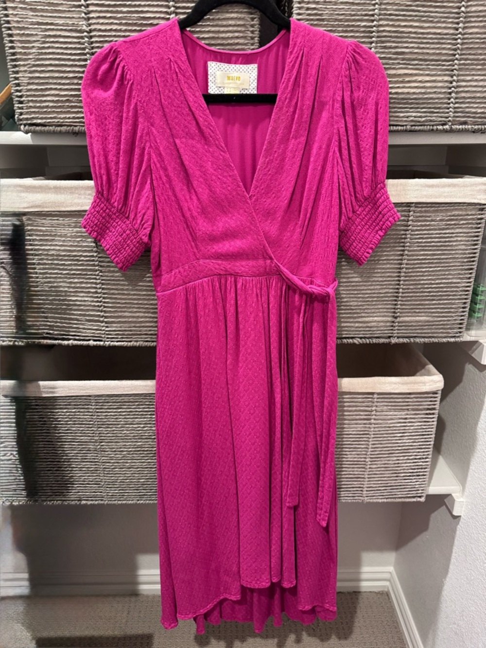 Maeve Magenta Wrap Midi Dress with Puff Sleeves